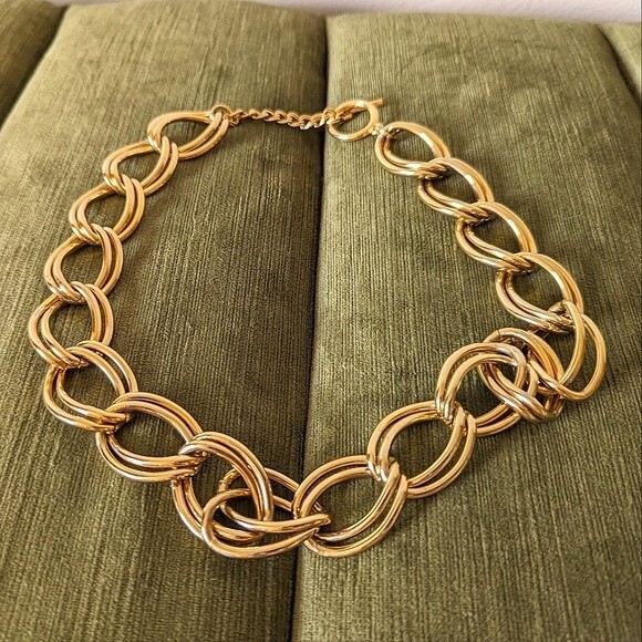 Chunky Double Link Collar Necklace Gold Tone Metal Toggle Clasp Maximalist - Picture 1 of 9